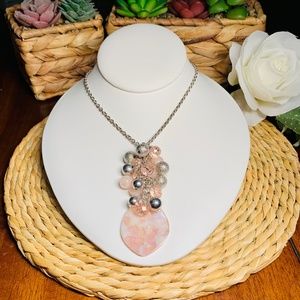Pink and White Resin Pendant, with Pink & Silver Colored 2" Dangle Bead Cluster